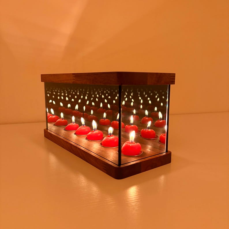 Infinity Mirror Candle Holder, Infinity Cube, Unique Tealight Holder, Wooden Candle Holder