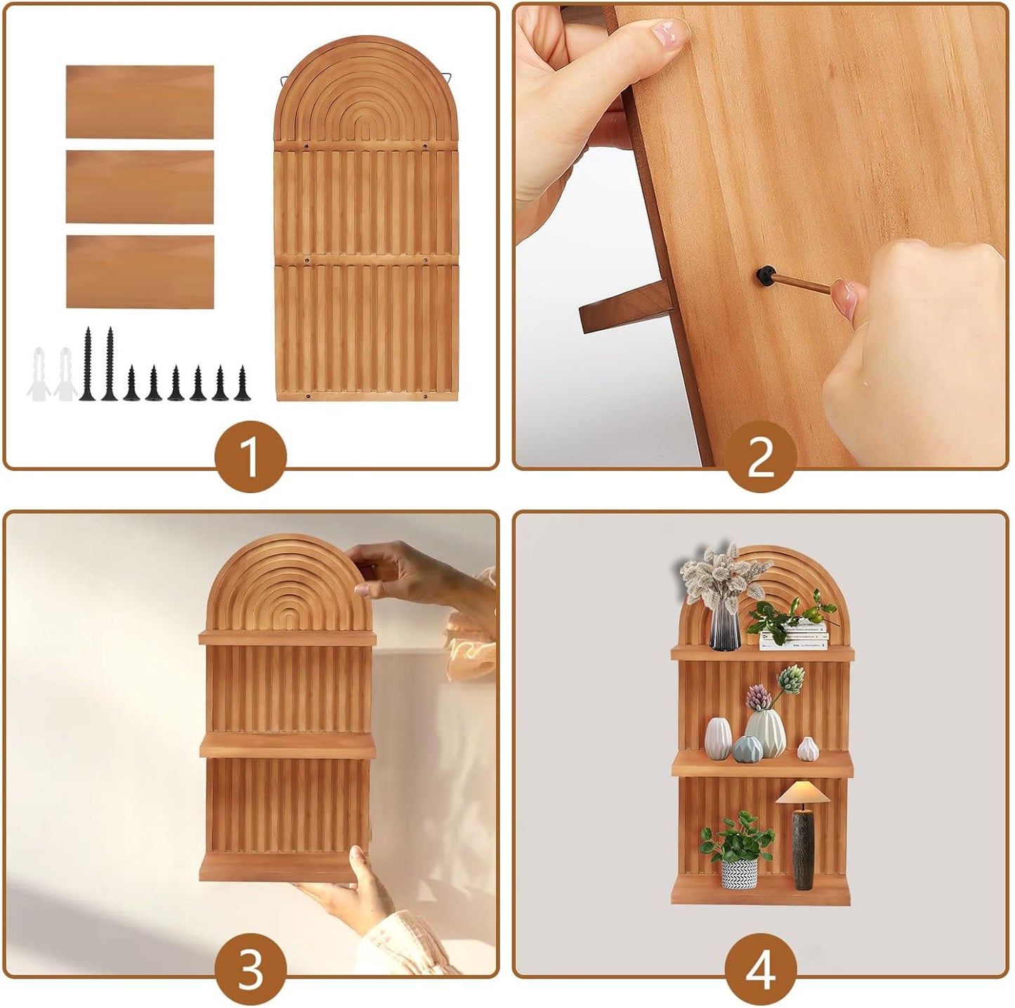 Arched 3-Tier Wood Wall Shelves Set, Natural Brown Floating Shelves for Living Room Bedroom Home Decor