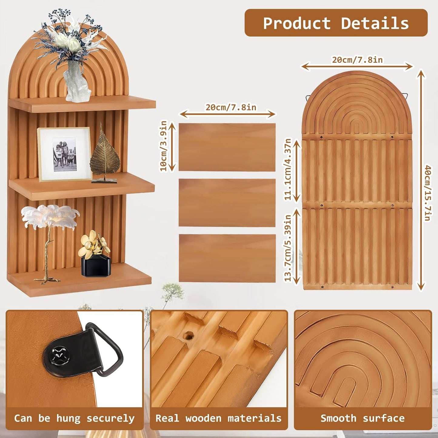 Arched 3-Tier Wood Wall Shelves Set, Natural Brown Floating Shelves for Living Room Bedroom Home Decor