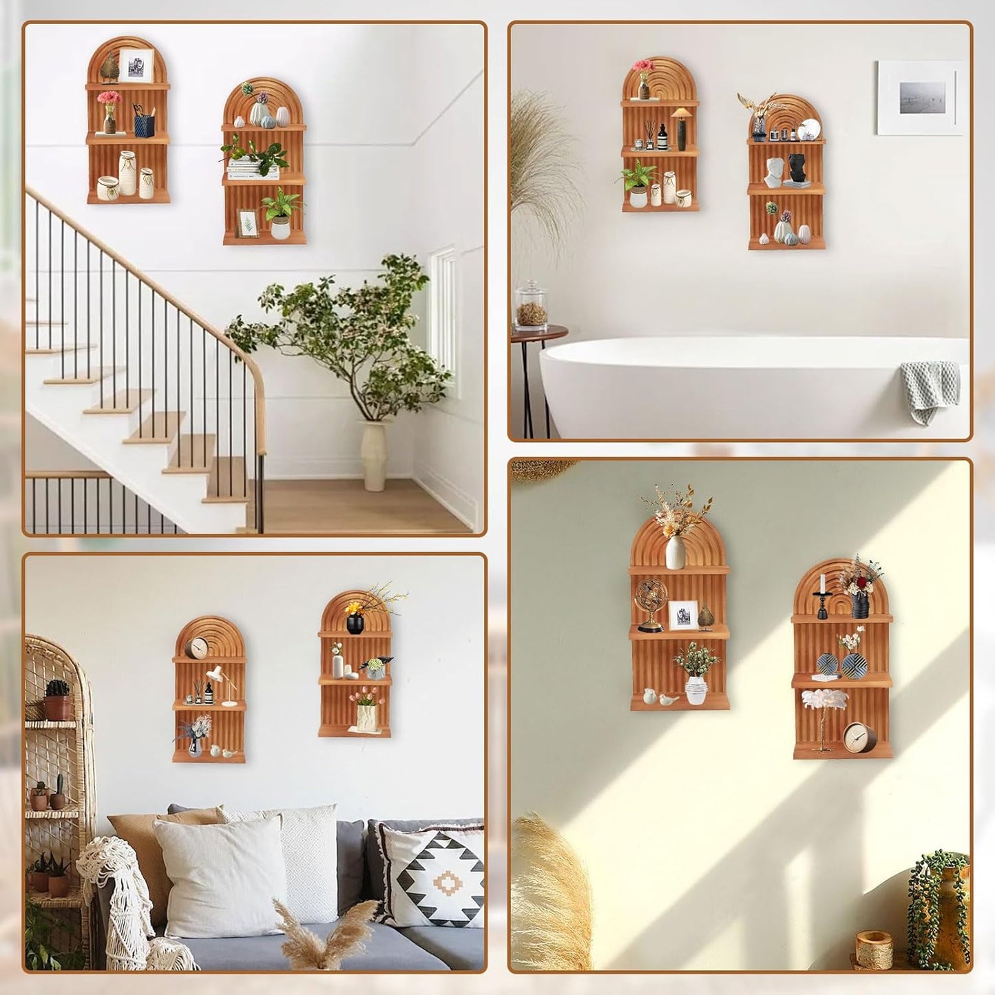 Arched 3-Tier Wood Wall Shelves Set, Natural Brown Floating Shelves for Living Room Bedroom Home Decor