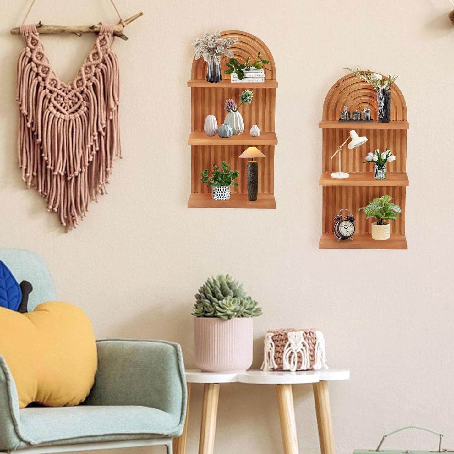 Arched 3-Tier Wood Wall Shelves Set, Natural Brown Floating Shelves for Living Room Bedroom Home Decor