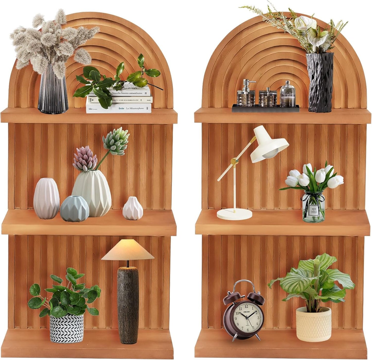 Arched 3-Tier Wood Wall Shelves Set, Natural Brown Floating Shelves for Living Room Bedroom Home Decor