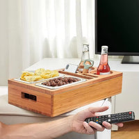 Wooden Sofa Tray with 2 Stainless Steel Snack Bowls Drink Holder Bamboo Tableware for Kitchen Use