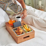 Wooden Sofa Tray with 2 Stainless Steel Snack Bowls Drink Holder Bamboo Tableware for Kitchen Use