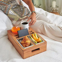 Wooden Sofa Tray with 2 Stainless Steel Snack Bowls Drink Holder Bamboo Tableware for Kitchen Use