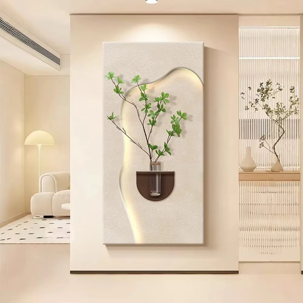 Luxury Home Decor 3D Wall Carving Art Sandstone Paintings LED Lights and Vases Creative Wall Design Interior Houses