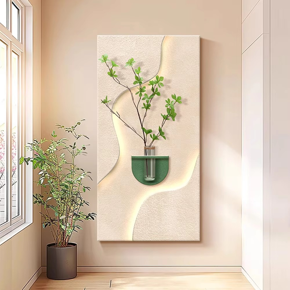 Luxury Home Decor 3D Wall Carving Art Sandstone Paintings LED Lights and Vases Creative Wall Design Interior Houses