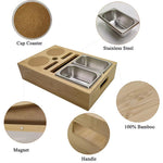 Wooden Sofa Tray with 2 Stainless Steel Snack Bowls Drink Holder Bamboo Tableware for Kitchen Use