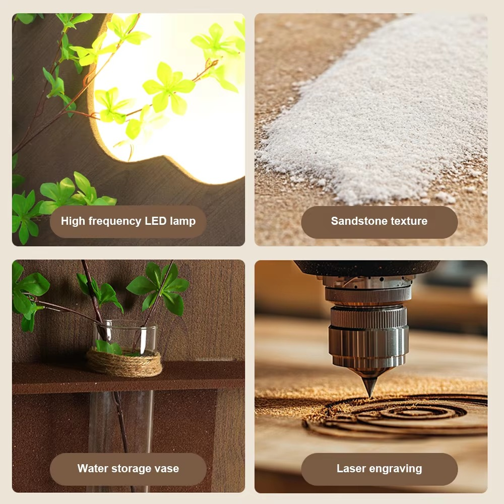 Luxury Home Decor 3D Wall Carving Art Sandstone Paintings LED Lights and Vases Creative Wall Design Interior Houses