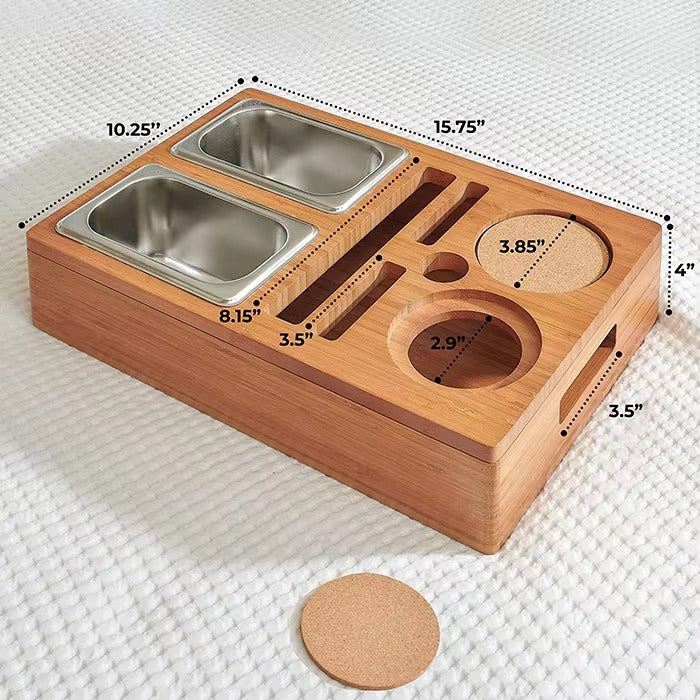 Wooden Sofa Tray with 2 Stainless Steel Snack Bowls Drink Holder Bamboo Tableware for Kitchen Use