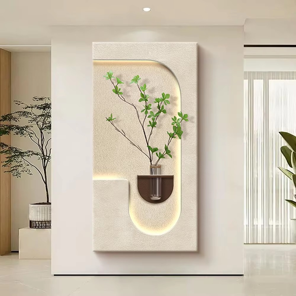 Luxury Home Decor 3D Wall Carving Art Sandstone Paintings LED Lights and Vases Creative Wall Design Interior Houses