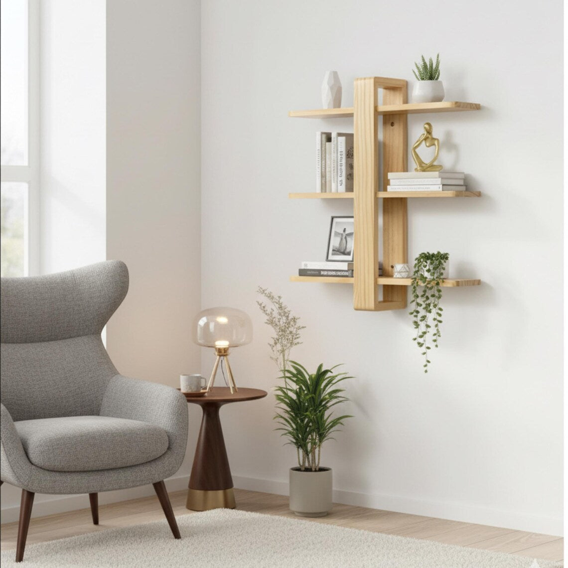 Modern Wooden Wall Shelf - Asymmetric Floating Display Rack - Handmade Floting 3-Tier Shelf-Minimalist Storage Decor for Living Room Office