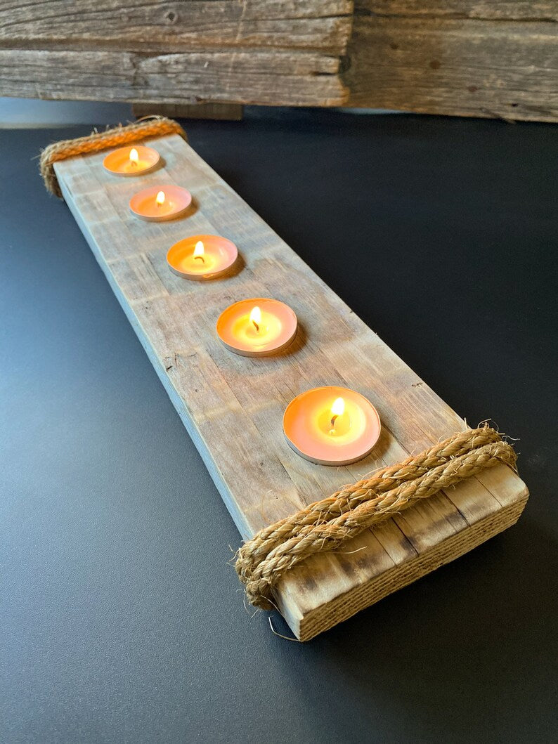 Handmade Brazilian yellow pine wood candle holder reclaimed wood candle decor 5 tealight centerpiece wedding decor new home gift for hostess wood feature