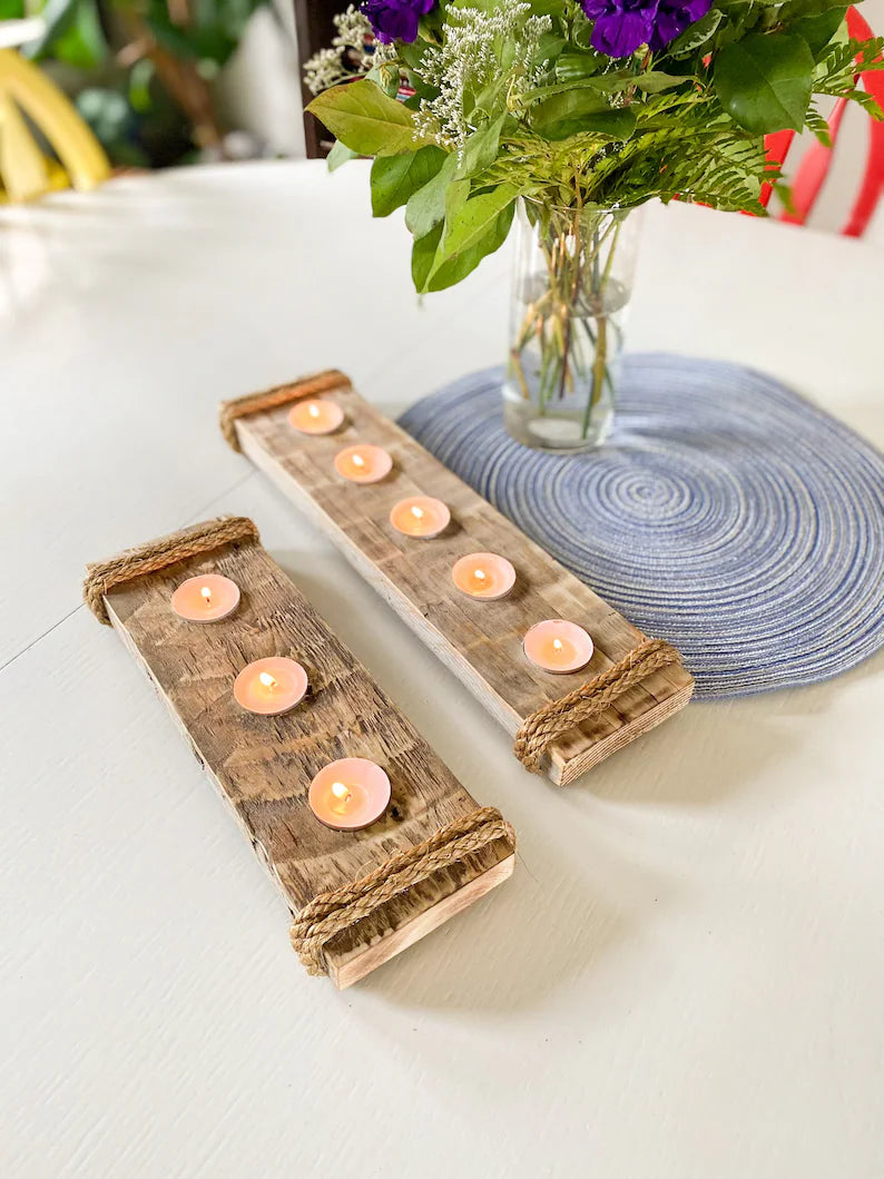 Handmade Brazilian yellow pine wood candle holder reclaimed wood candle decor 5 tealight centerpiece wedding decor new home gift for hostess wood feature