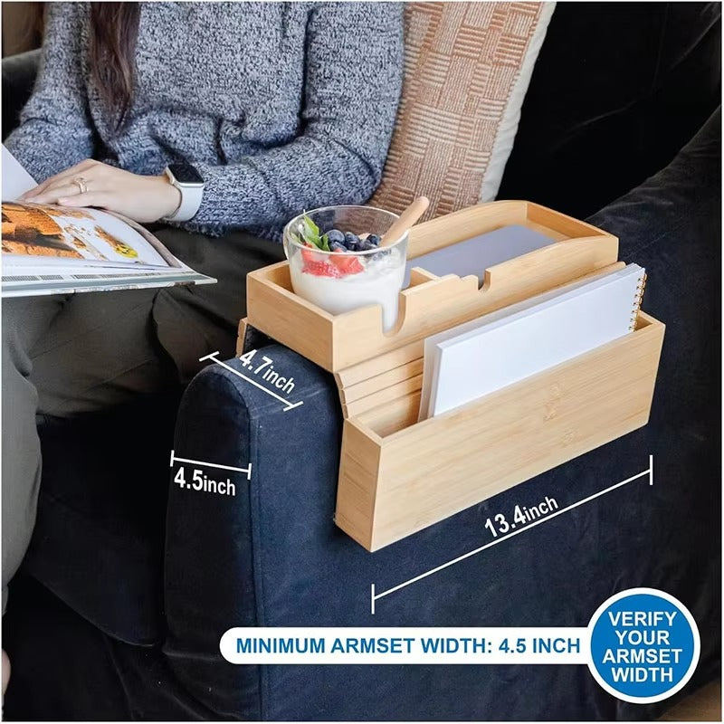 Premium Bamboo Couch Cup Holder Armrest Tray with Side Storage Pocket for Snacks Drinks Remote Control Magazines