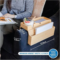Premium Bamboo Couch Cup Holder Armrest Tray with Side Storage Pocket for Snacks Drinks Remote Control Magazines
