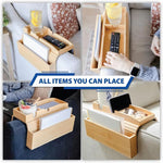 Premium Bamboo Couch Cup Holder Armrest Tray with Side Storage Pocket for Snacks Drinks Remote Control Magazines