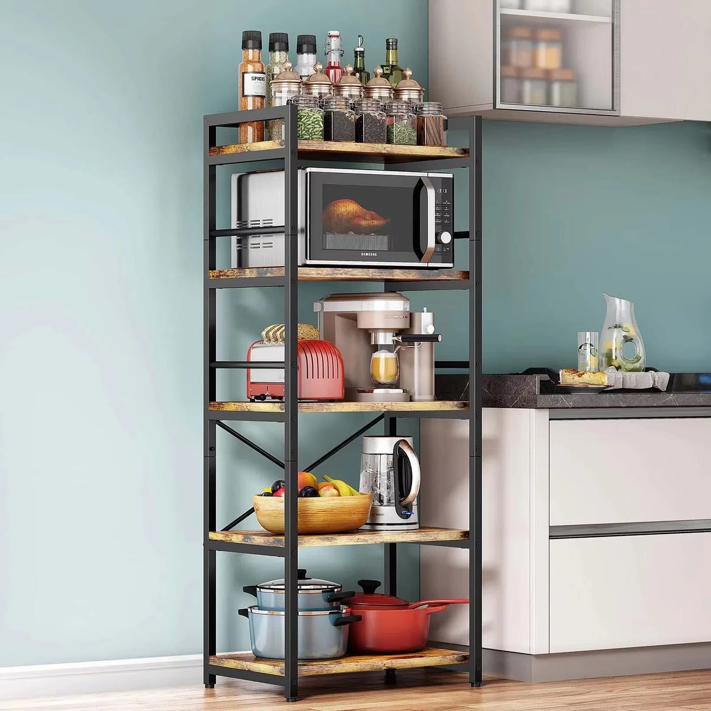 Microwave Stand Shelf Kitchen Coffee Bar 5 Tier Bakers Storage Rack Free Standing Kitchen Storage Shelf Rack