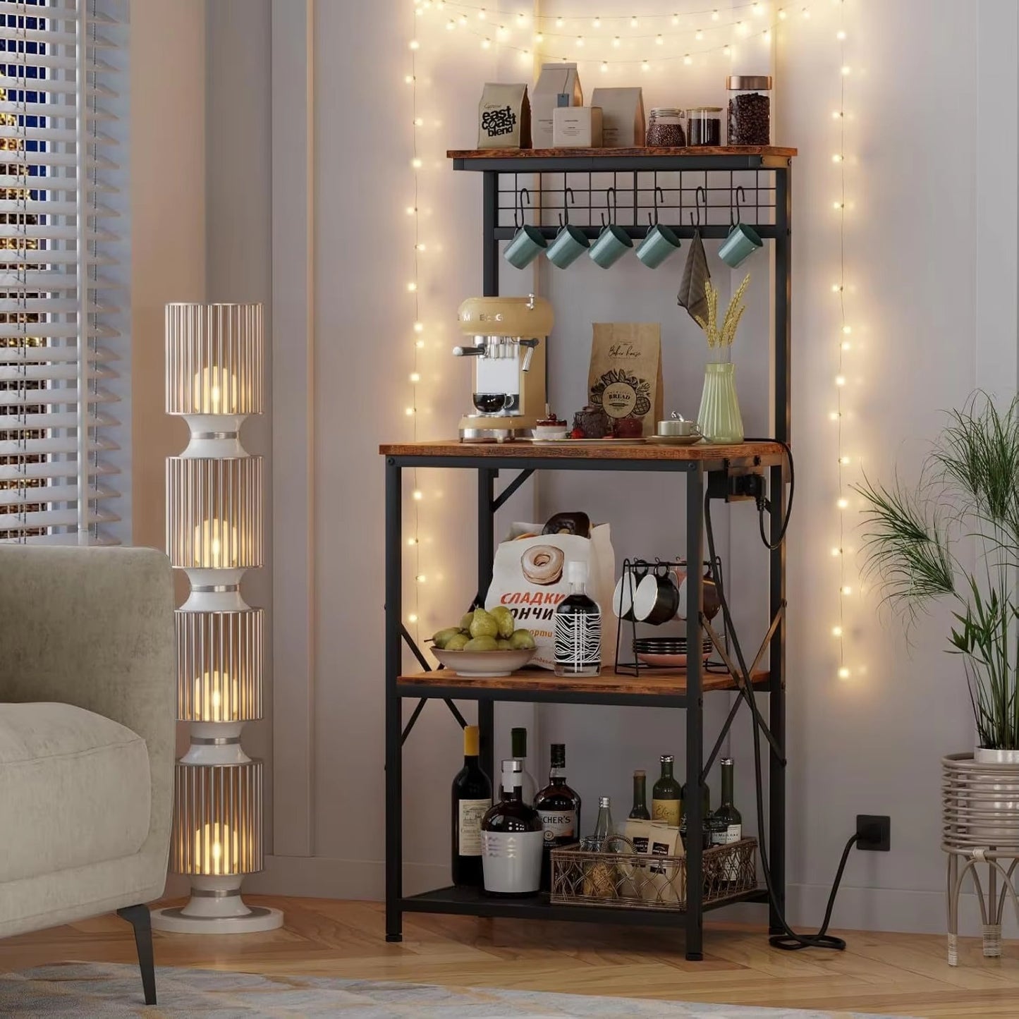 Kitchen Bakers Rack with Hutch Coffee Bar Station Microwave Oven Stand Rack for Spice Organizer Workstation