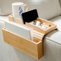 Premium Bamboo Couch Cup Holder Armrest Tray with Side Storage Pocket for Snacks Drinks Remote Control Magazines